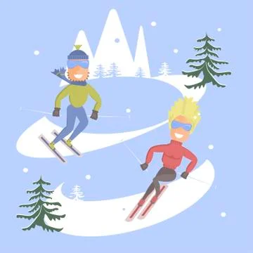Comic concept People skiing Stock Illustration