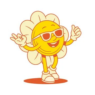 Comic cool yellow flower chamomile cartoon character in sunglasses contoured  Stock Illustration