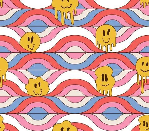 Comic crazy melt smile faces looking out of the geometry seamless pattern. Smile 스톡 일러스트