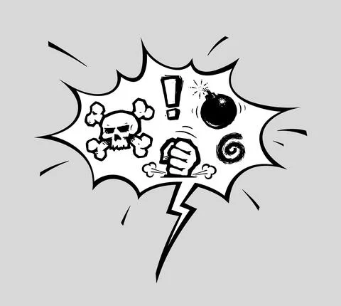 Comic Curse Speech Bubble - Scull Bones Fist Exclamation Mark Bomb Spiral Stock Illustration