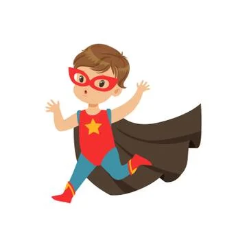 Comic cute brave kid in superhero costume running with hands up. Child with Stock Illustration