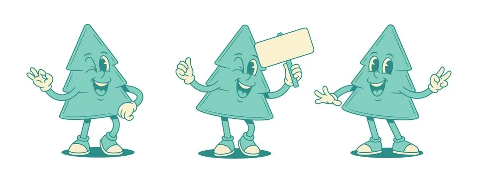 Comic cute green fir tree cartoon character set contoured vector flat illustr Stock Illustration