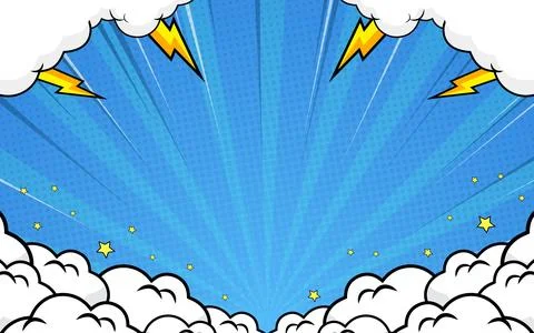 Comic design background with lightning decoration behind the clouds. Illustrazione stock