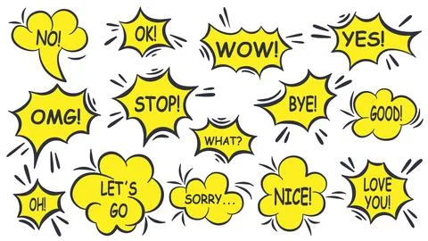 Comic dialogue bubbles with phrases and popular words set Stock Illustration