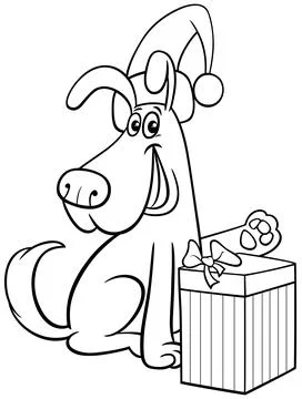 Comic dog with Christmas present coloring page Stock Illustration