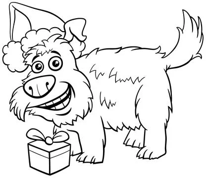 Comic dog with gift on Christmas time coloring page 스톡 일러스트