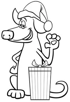 Comic dog with present on Christmas time coloring page Stock Illustration