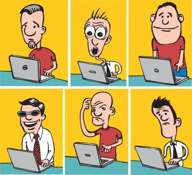 Comic doodle dudes with laptops Ilustração Stock