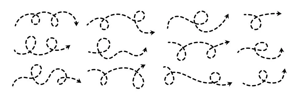 Comic dotted thin arrow set. Wavy curved dash pointer collection. Squiggle Stock Illustration