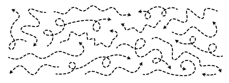 Comic dotted thin arrow set. Wavy and curved dashed pointer collection. Squiggle Stock Illustration