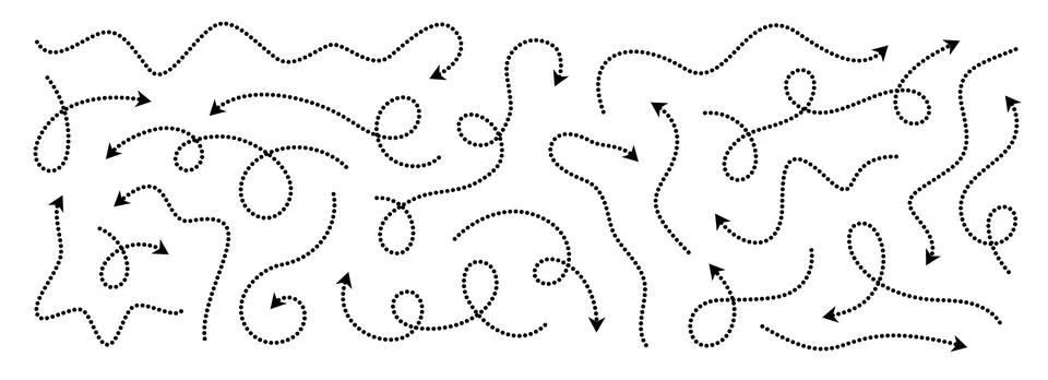 Comic dotted thin arrow set. Wavy curved dashed pointer collection. Squiggle Stock Illustration