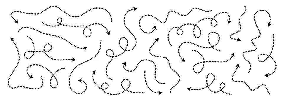 Comic dotted thin arrow set. Wavy and curved dashed pointer collection. Squiggle Stock Illustration