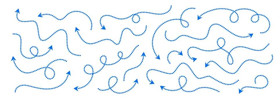 Comic dotted thin arrow set. Blue curved dashed pointer collection. Squiggle 스톡 일러스트