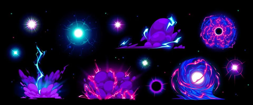 Comic effect game. Cartoon smoke and neon burst. Speed line boom. Purple flash Illustrazione stock