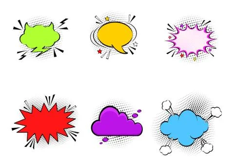 Comic empty speech bubbles on halftone dots background in retro pop art style Stock Illustration