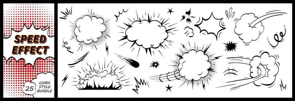 Comic explosion effect vector kit with speed lines, burst smoke, impact frame. Stock Illustration