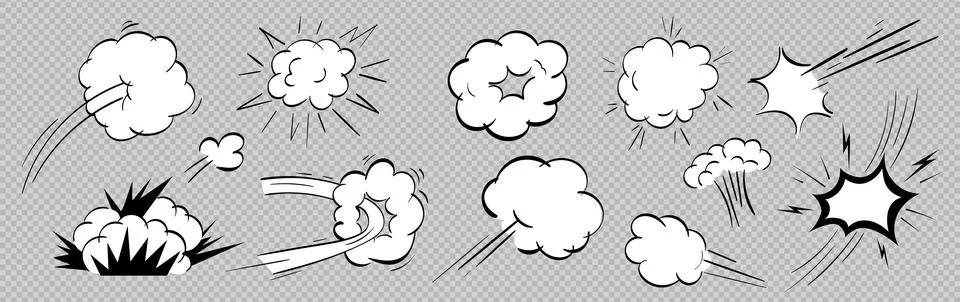Comic explosion effect vector kit with speed lines, burst smoke, impact frame. Stock Illustration