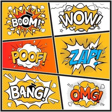 Comic explosion vector with text bubbles collection. Comic burst set with col Stock Illustration