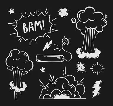 Comic explosions and bombs set. Speech bubbles with the words bom, boom, pow. Stock Illustration