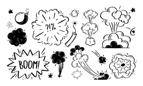 Comic explosions and bombs set. Speech bubbles with the words bom, boom, pow. Stock Illustration