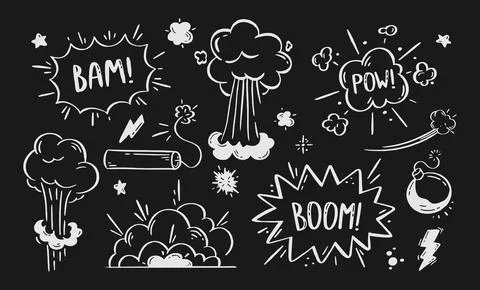 Comic explosions and bombs set. Speech bubbles with the words bom, boom, pow. Stock Illustration