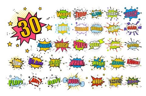 Comic expressions icon set at colored speech bubble Stock Illustration