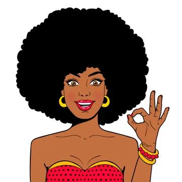 Comic face Sexy young african woman afro hairstyle in glasses shows OK sign Stock Illustration