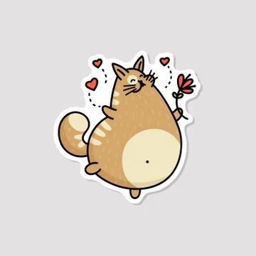 Comic fat cat running with flowers sketch cartoon vector illustration isolated. イラスト素材