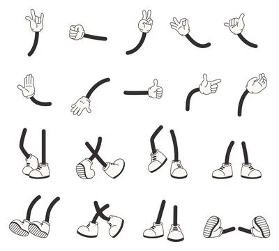 Comic feets and hands. Cartoon animation retro style. Hand in gloves, foot in Stock Illustration
