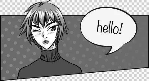 Comic female figure is winking with hello bubble and halftone, teal borders, Stock Illustration