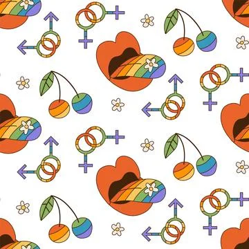 Comic female lips, rainbow colored tongue with rainbow cherry seamless pattern Stock Illustration