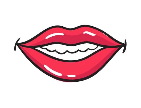 Comic female red lips sticker. Women mouth with lipstick in vintage comic style Stock Illustration