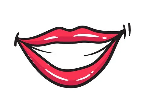 Comic female red lips sticker. Women mouth with lipstick in vintage comic style Stock Illustration