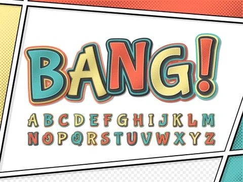 Comic font. Cartoonish alphabet on comic book page Stock Illustration