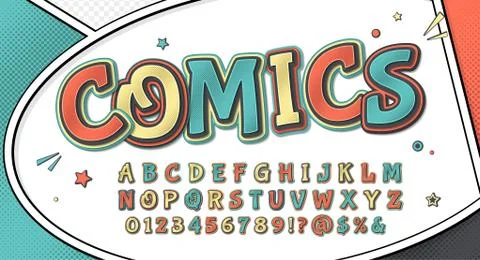 Comic font. Cartoonish alphabet on comic book page Stock Illustration