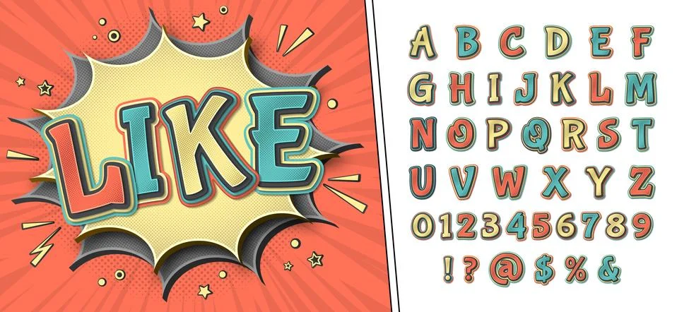 Comic font. Retro alphabet on comic book page Stock-Illustration