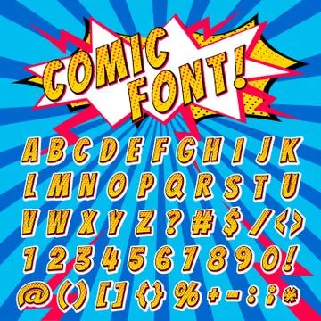 Comic font vector cartoon alphabet letters in pop art style and alphabetic text Stock Illustration