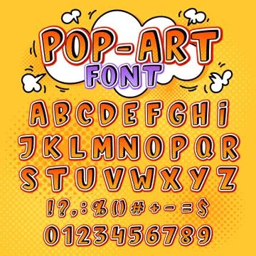 Comic font vector cartoon alphabet letters in pop art style and alphabetic text Stock Illustration