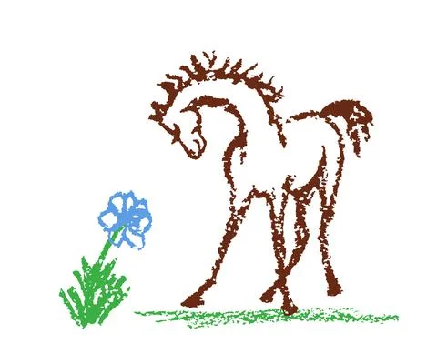 Comic funny horse. Hand drawn crayon or pencil cartoon doodle happy character Stock Illustration