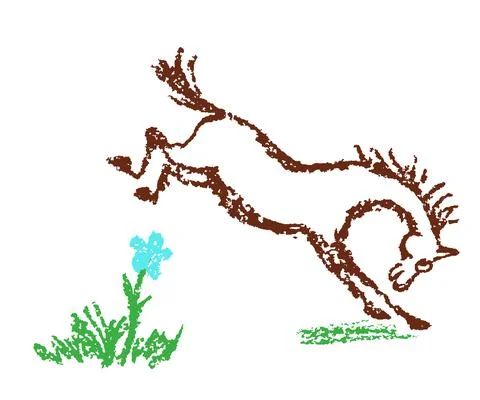 Comic funny jumping horse. Hand drawn crayon or pencil cartoon doodle character. Stock Illustration