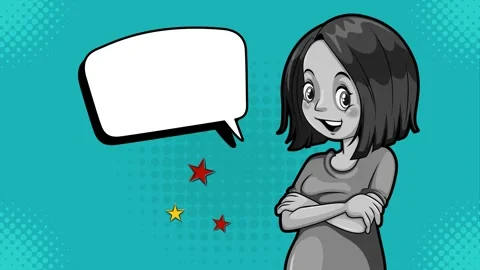 Comic girl with speech bubble and copy space on blue pop art background Vídeo Stock 346847289