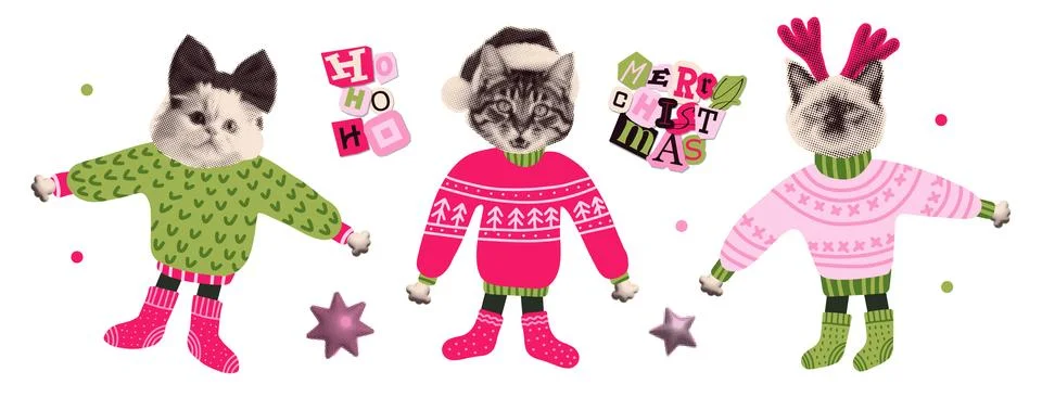 Comic halftone collage cats set, half tone digital kitty designs wearing ugly Stock Illustration