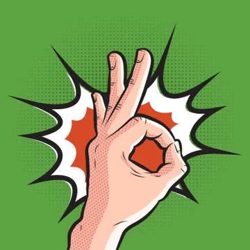 Comic hand showing ok gesture. pop art all is well sign on halftone background Stock Illustration