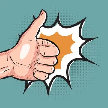 Comic hand showing thumb up gesture. pop art like sign on halftone background Stock Illustration