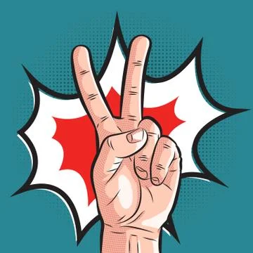 Comic hand showing victory gesture. pop art peace sign on halftone background Stock Illustration