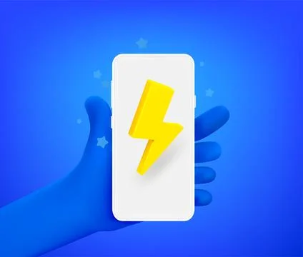 Comic hand with smartphone and bolt icon. 3d vector illustration Stock Illustration
