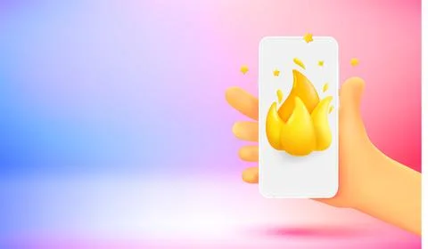 Comic hand with smartphone and fire icon. 3d vector banner with copy space Stock Illustration