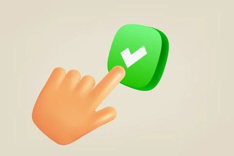 Comic hand touching green button with checkmark. 3d vector illustration Illustrazione stock