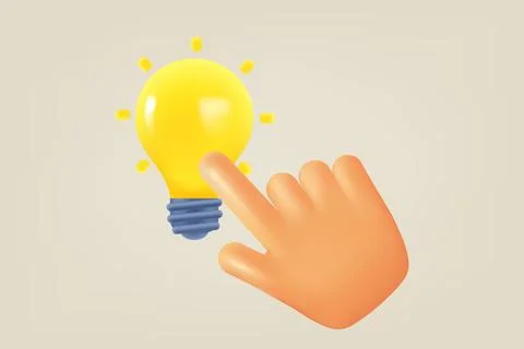 Comic hand touching lightbulb. Inspiration concept. 3d vector illustration Illustrazione stock