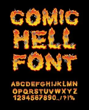 Comic Hell font. inferno ABC. Fire letters. Sinners in hellfire. hellish Alph Stock Illustration